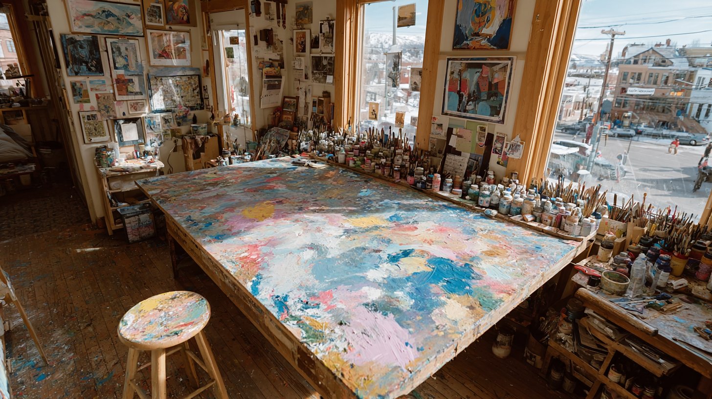 Un artista al lavoro in uno studio luminoso pieno di colori vivaci.