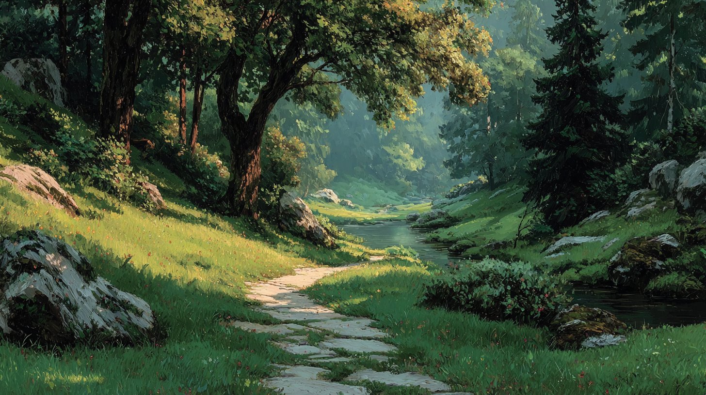 Un sentiero sereno attraverso una foresta illuminato da una dolce luce spirituale.