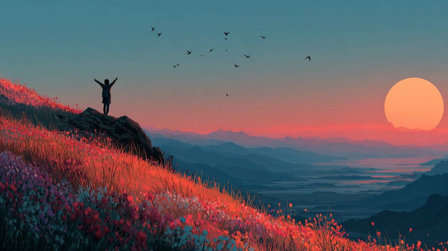 Eine hoffnungsvolle Landschaft mit einem Horizont bei Dämmerung, der neue Anfänge symbolisiert.