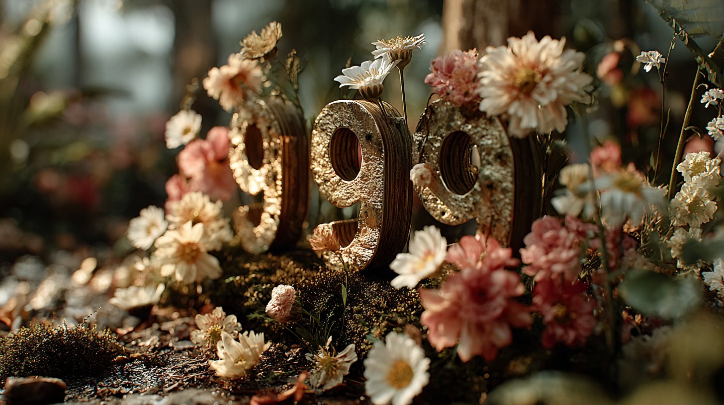 The number 9999 crafted from delicate flowers in a garden.