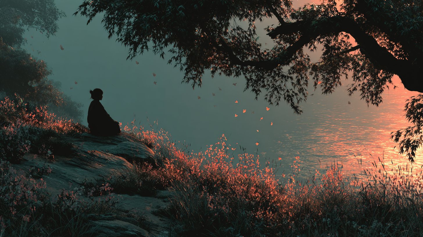 A figure meditating in a serene, natural setting.