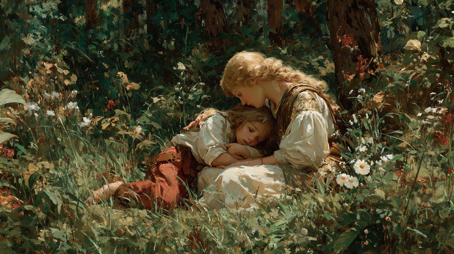 Un angelo custode guida delicatamente un bambino attraverso una foresta illuminata dal sole.