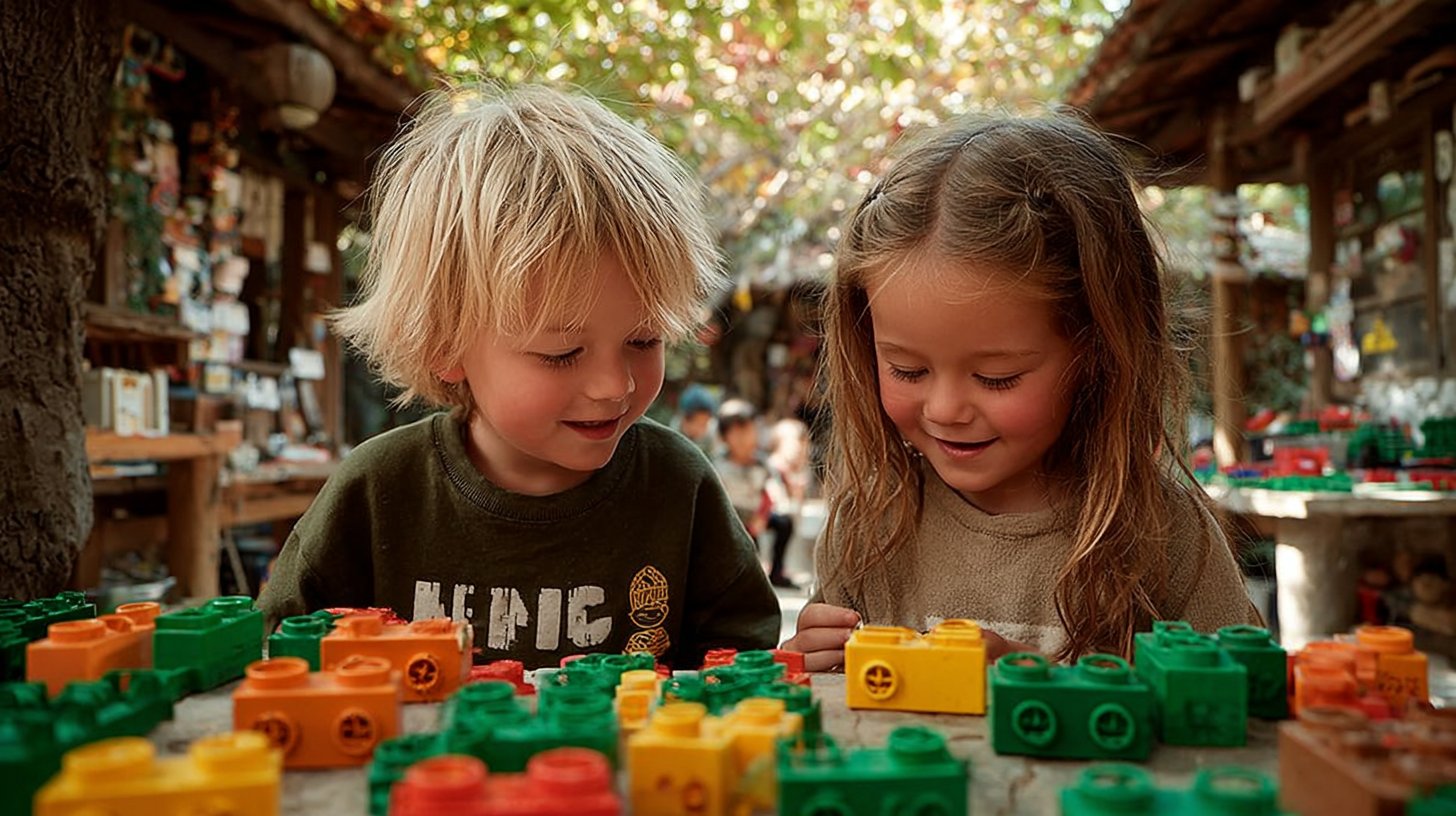 Zwei Kinder verschiedener Hintergründe spielen harmonisch und lachen zusammen.