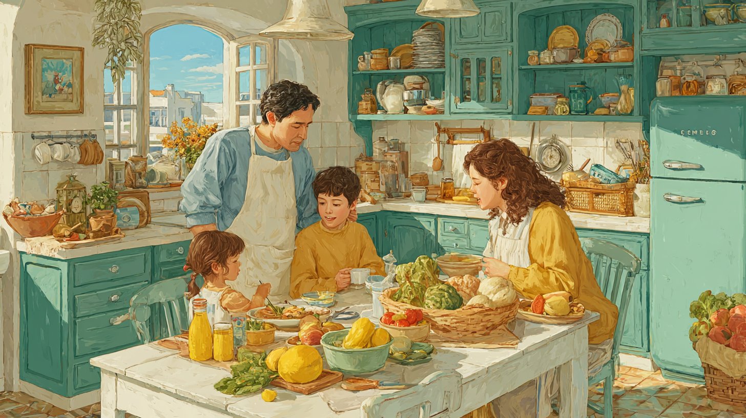 Ein Elternteil stellt klare Grenzen in einer positiven Küchenszene auf.