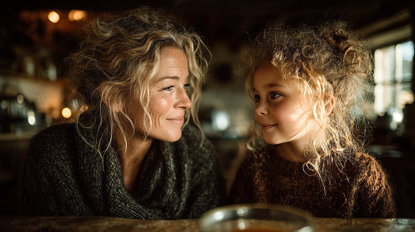 Ein Elternteil und ein Kind teilen eine ehrliche Teepause in einer sonnigen Küche.