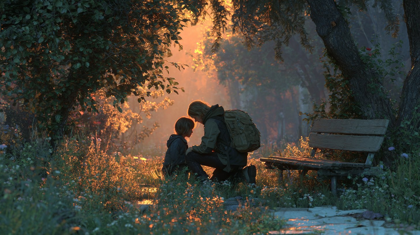 Ein Elternteil tröstet sein Kind in einem ruhigen Park während eines schwierigen Moments.