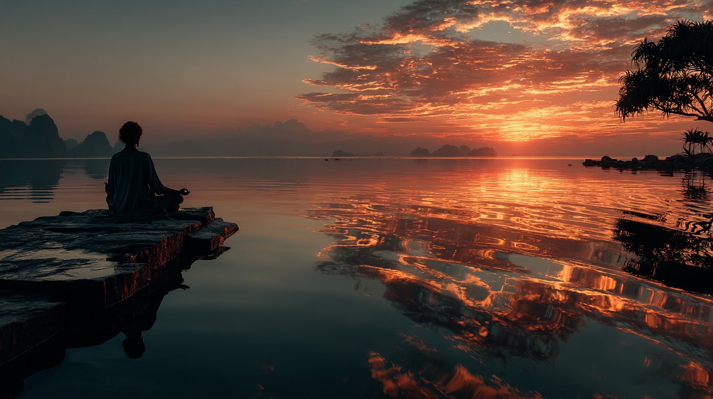 Eine friedliche Szene mit einer meditierenden Person am Ufer eines Sees.