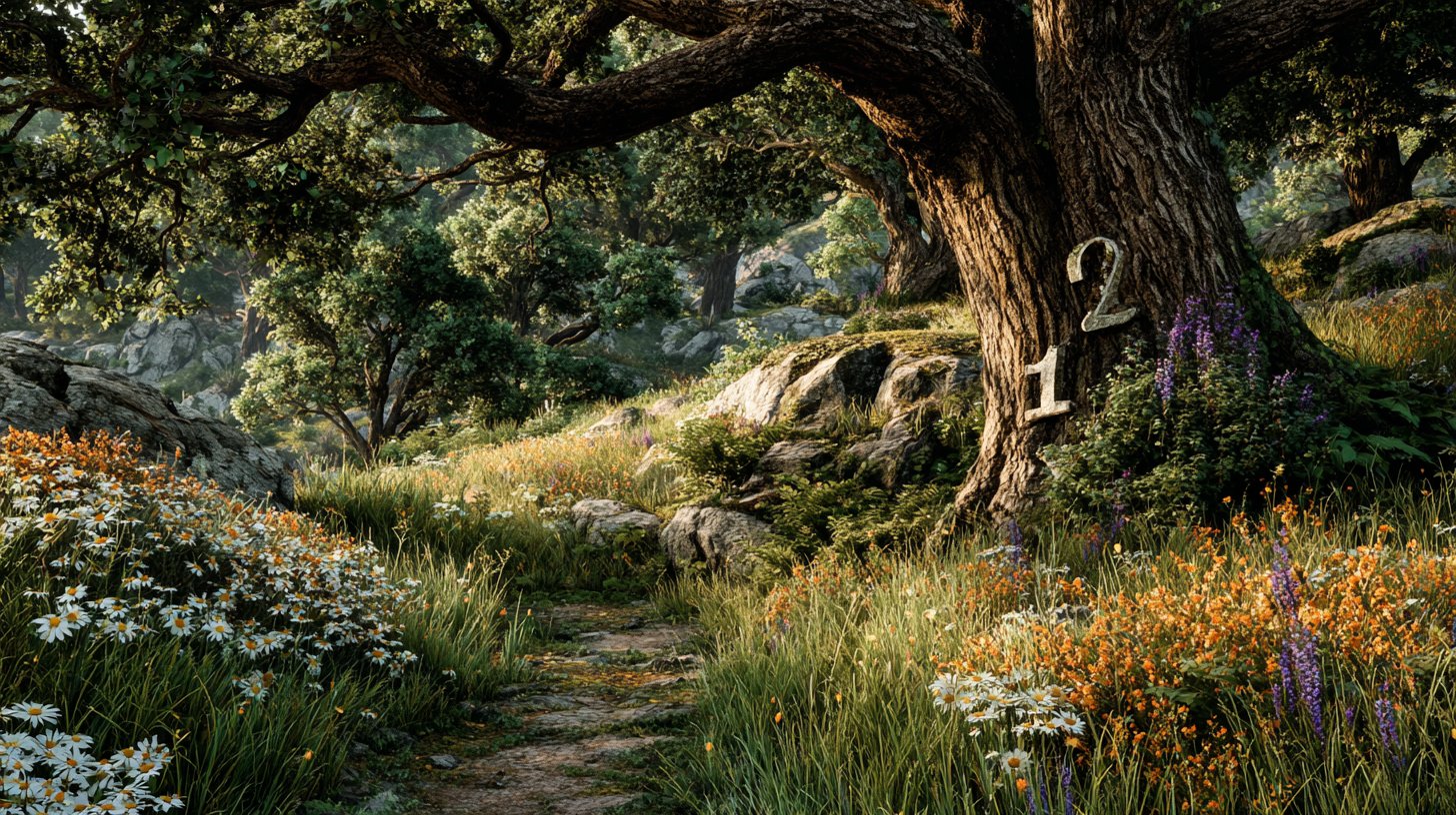 The numbers 1 and 2 are represented by two trees symbolizing stability and connection.