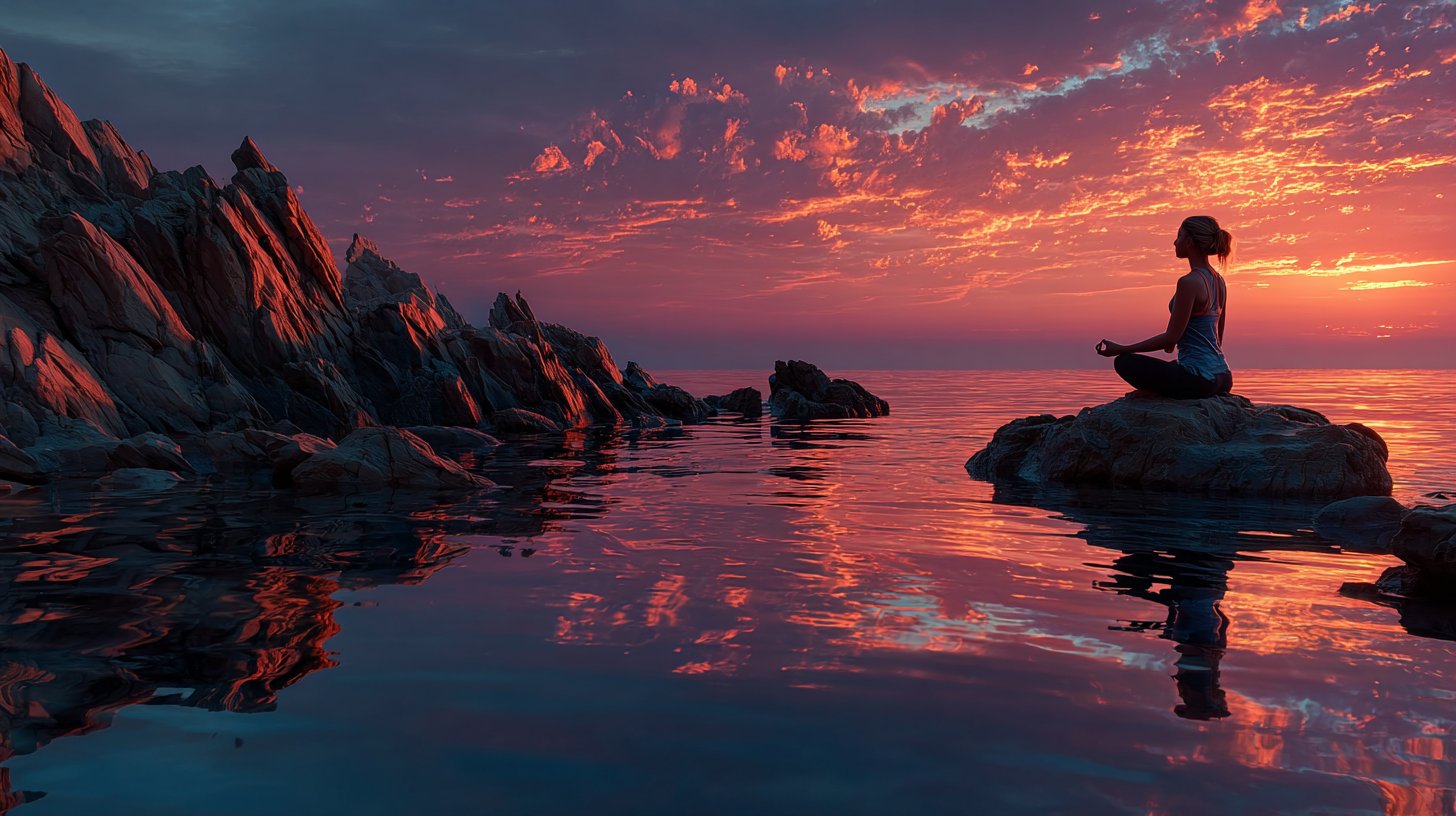 A yogi finds peace on a cliff overlooking the ocean at sunset.