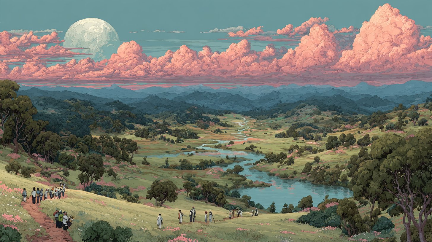 A sunrise over a village symbolizes new beginnings and harmony.