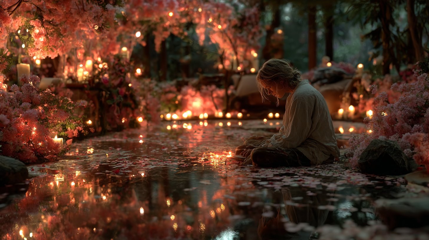 Eine ruhige Meditationsszene im Garten, die die spirituelle Dimension von 1818 darstellt.