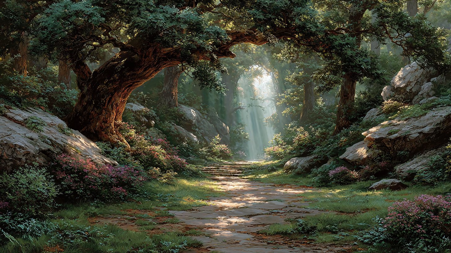 Ein friedlicher Waldweg, der zu einem leuchtenden Portal führt und göttliche Führung symbolisiert.