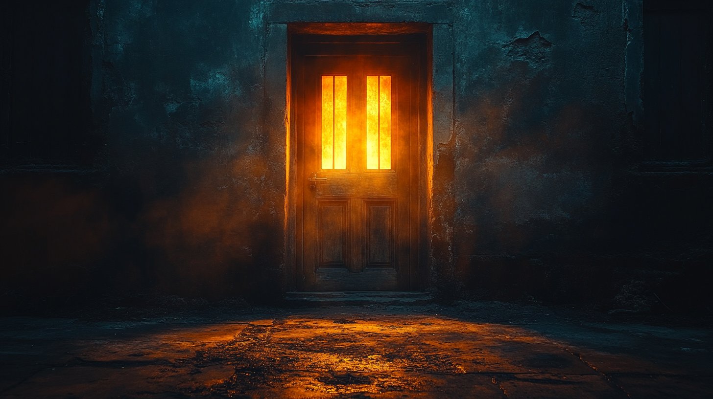 Eine geschlossene Tür mit schattenhaften Präsenz, die Geheimnisse verbirgt.
