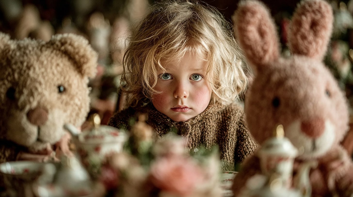 Ein Kind sitzt allein an einem prächtig gedeckten Tisch und wirkt nachdenklich.