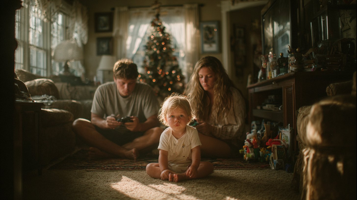 Eltern sind mit Handys beschäftigt, während ihr Kind traurig auf dem Boden spielt.