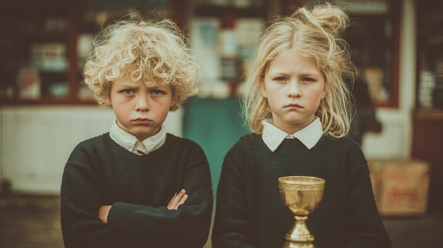 Ein Kind sieht traurig aus, während das andere stolz mit einem Pokal steht.