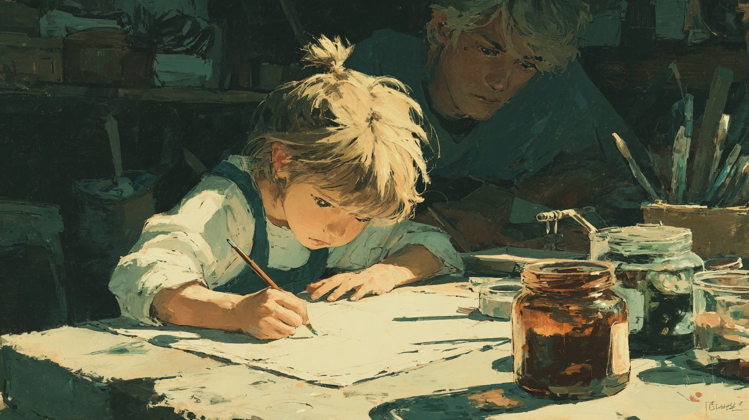 Ein Kind kämpft um Perfektion unter kritischem Blick des Elternteils.