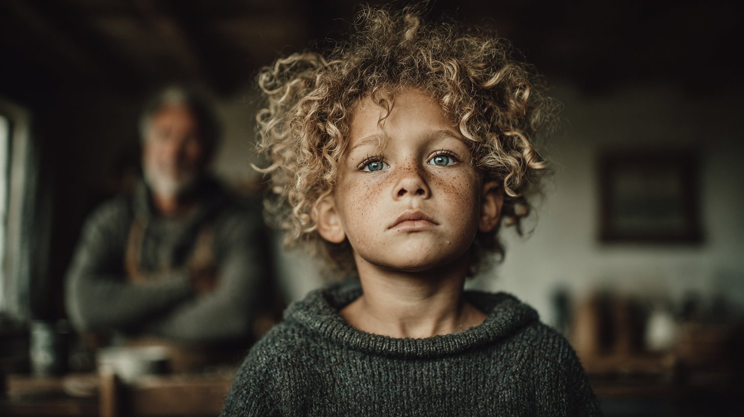 Ein Kind blickt unsicher zu einem Elternteil mit verschränkten Armen.