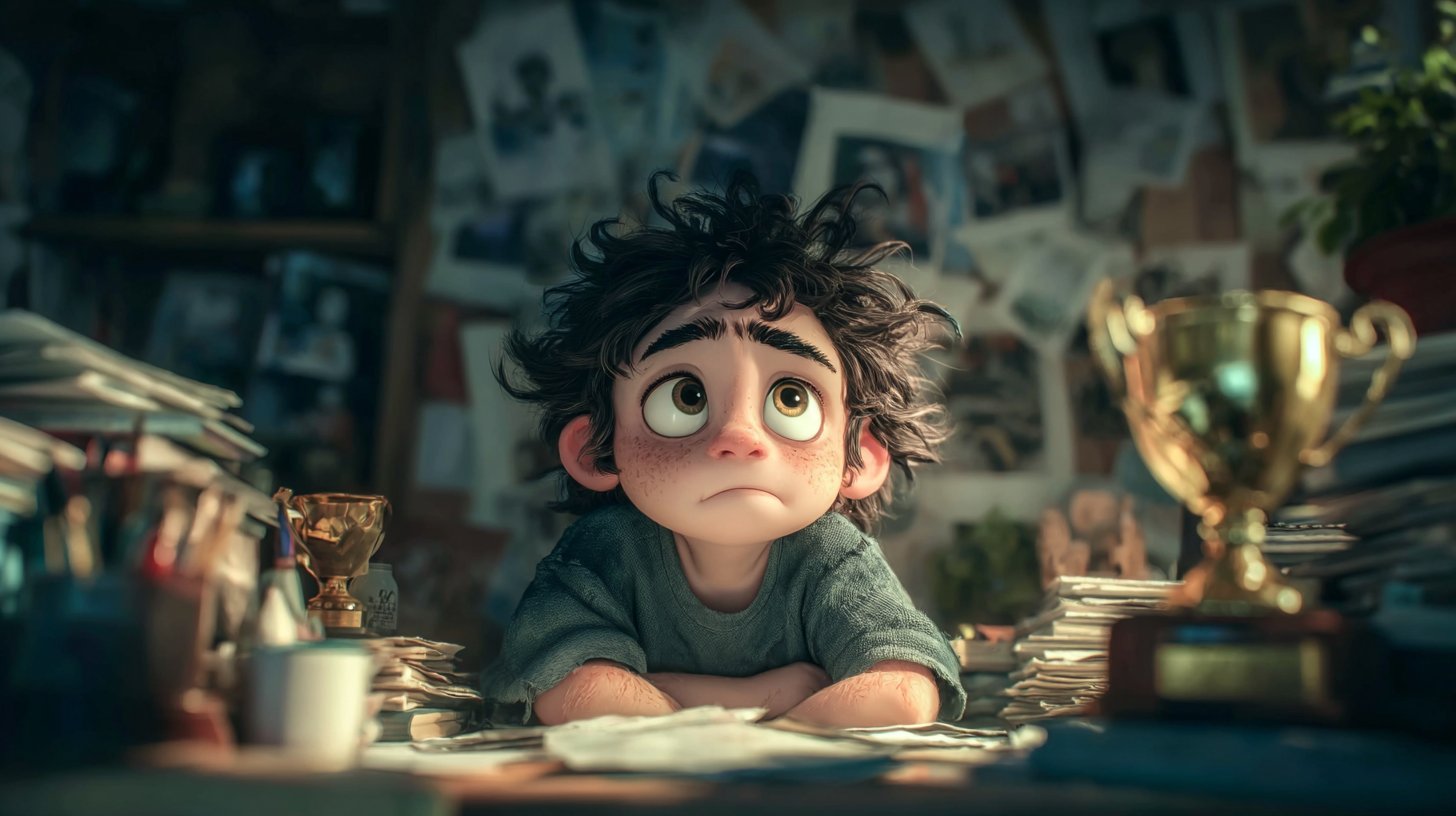 Ein junger Student sieht angespannt auf seinen unvollendeten Schulaufgaben.