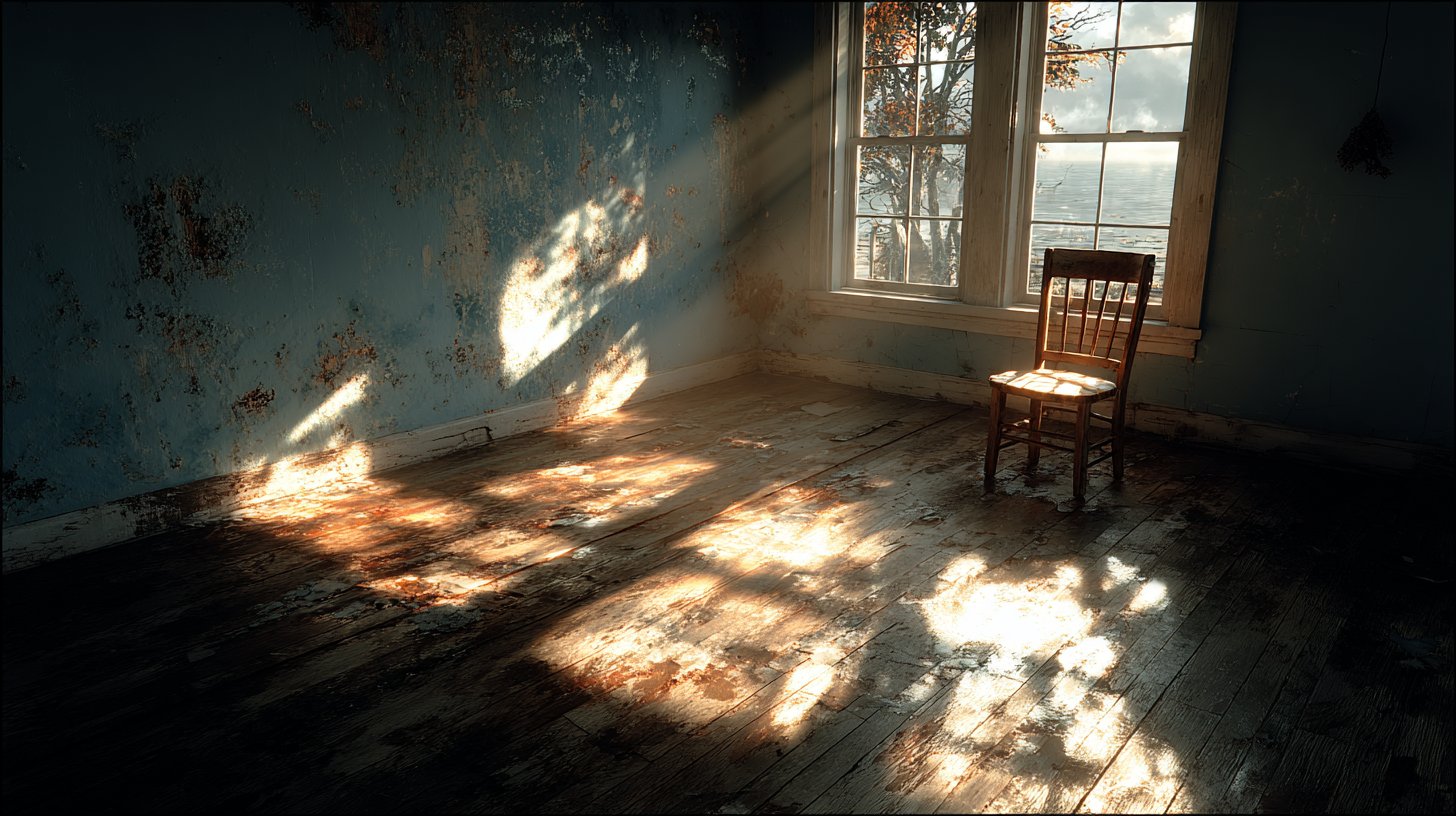 Ein leerer Raum mit einem Stuhl, der Traurigkeit und Einsamkeit ausstrahlt.