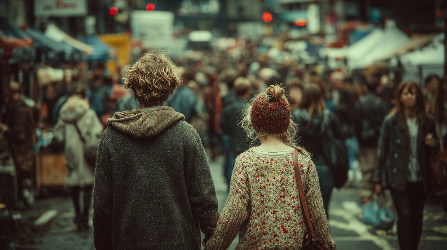 Un genitore eccessivamente protettivo tiene stretta la mano del bambino per strada.