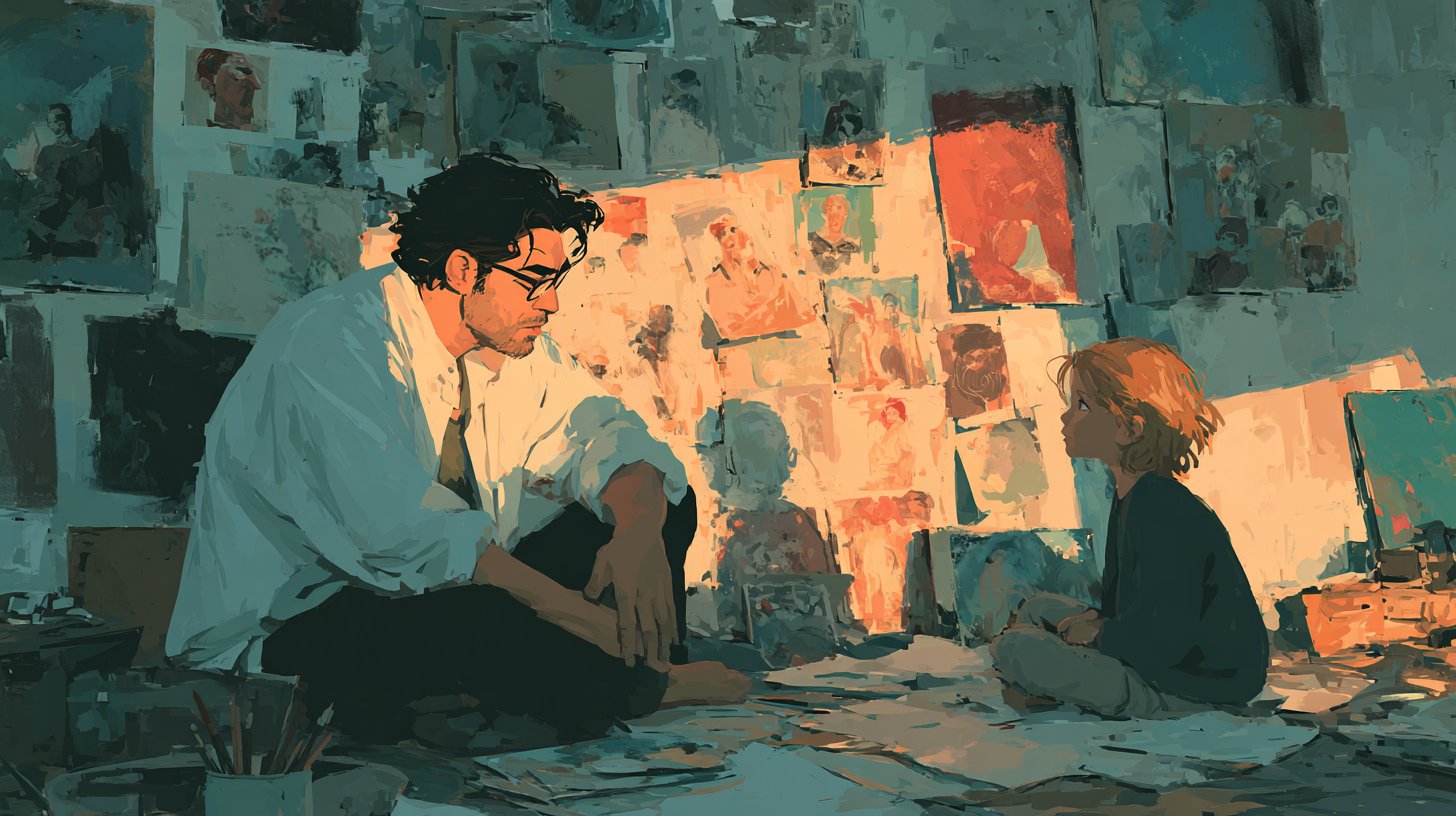 Un padre confronta i disegni del suo bambino con altri.