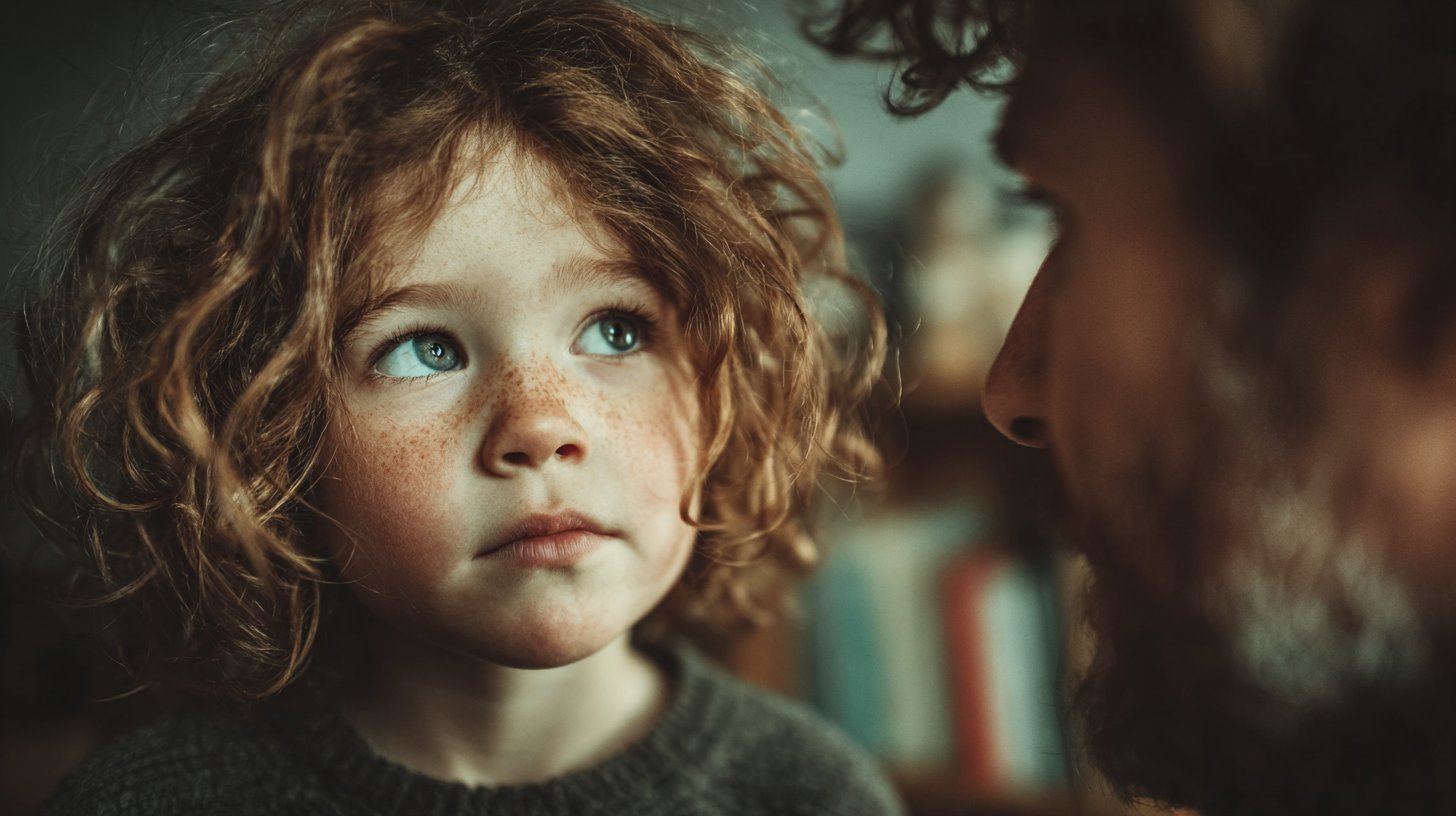 Ein besorgtes Kind steht unter dem strengen Blick eines überkontrollierenden Elternteils.