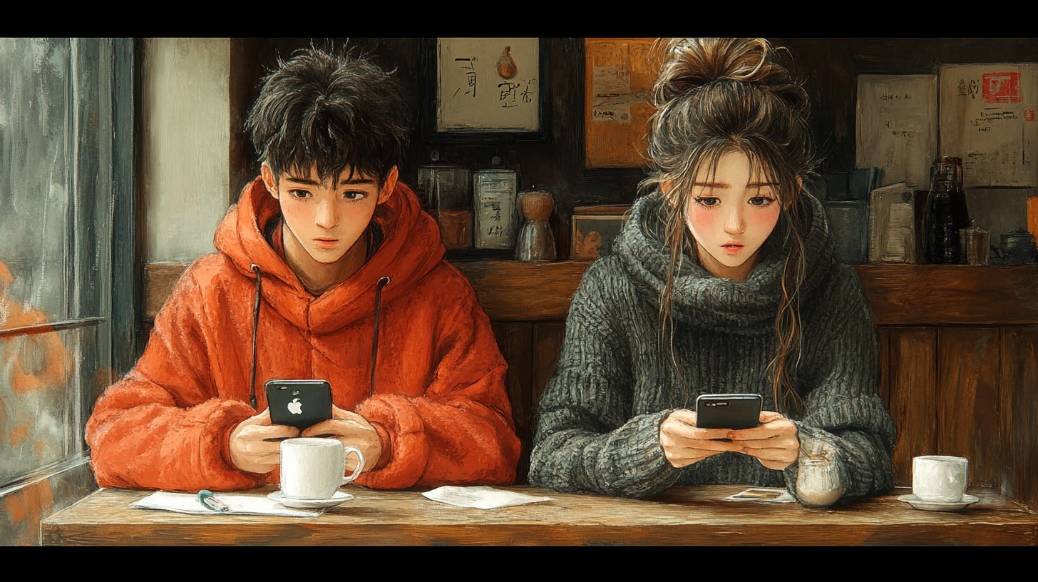 Un'illustrazione di due figure in un caffè, una immersa nel suo telefono e l'altra scontenta.