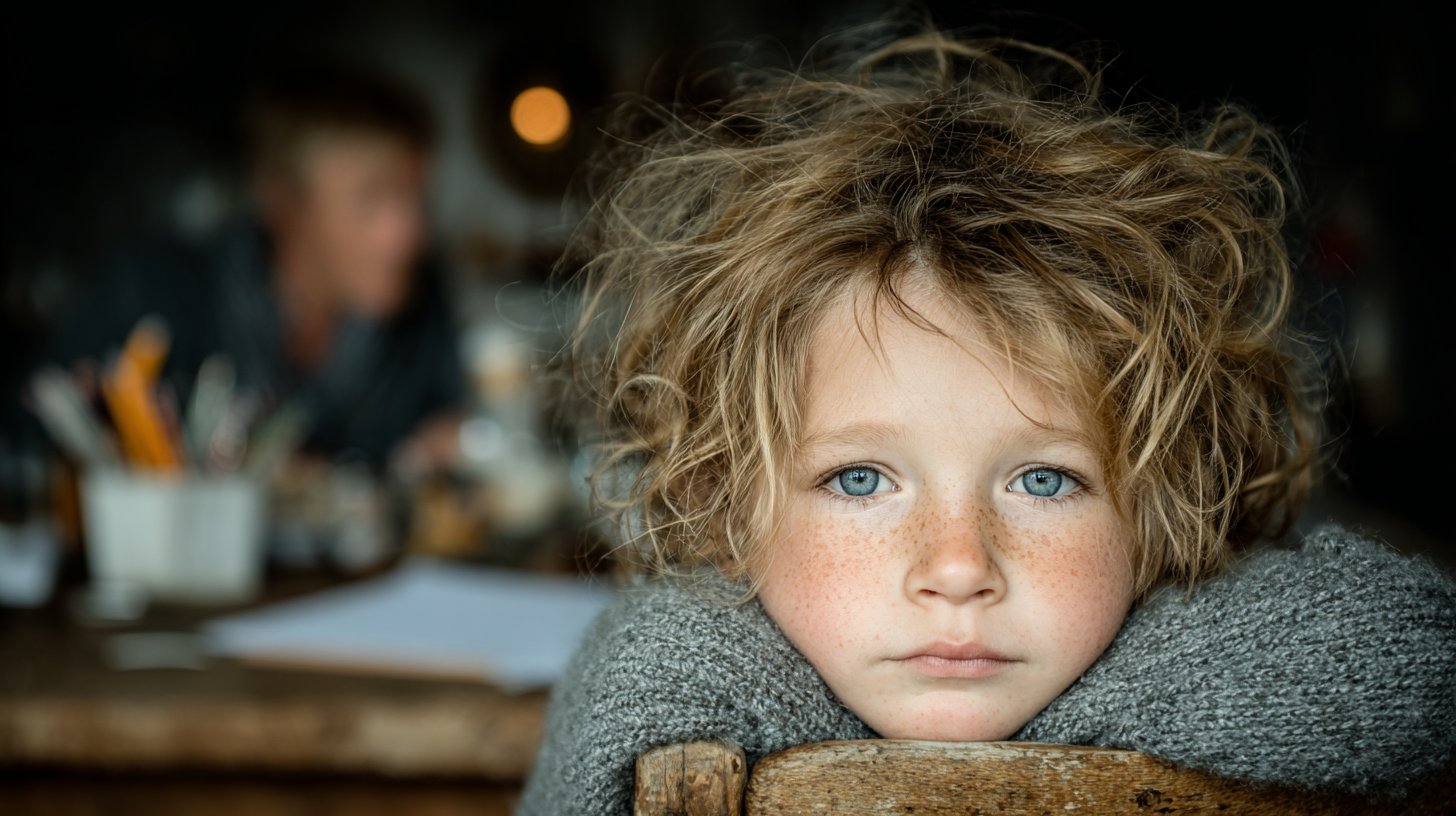 Un bambino triste è seduto da solo al tavolo, lottando con i compiti.