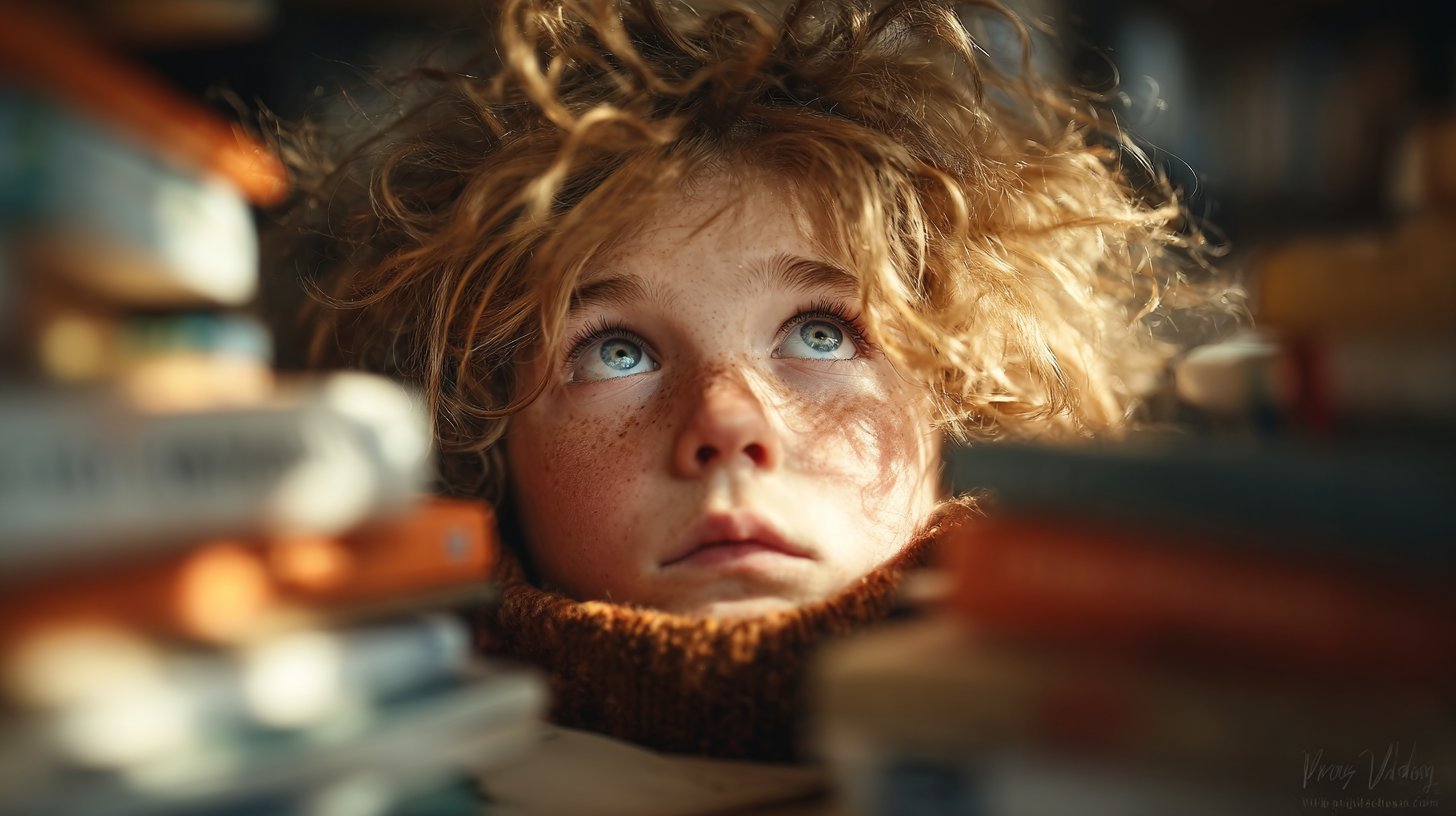 Un bambino sopraffatto è circondato da libri, cercando di raggiungere un successo non realizzato.