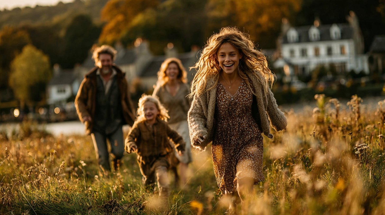 Family joy in a sunlit park.