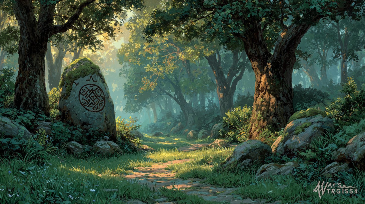 Una persona en un bosque, rodeada de rayos de sol y símbolos de confianza.