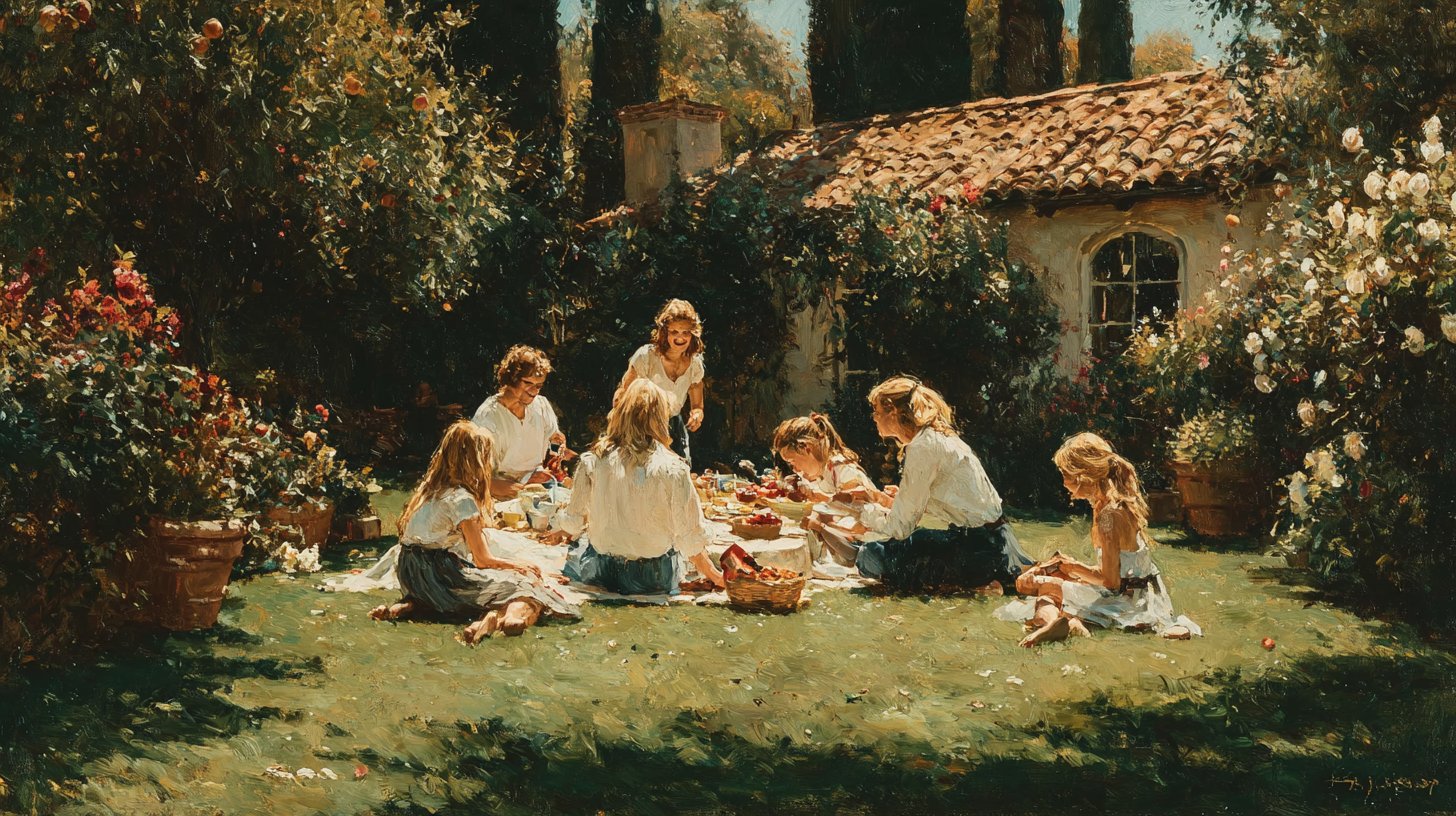 Una familia feliz en un jardín floreciente, llena de gratitud.