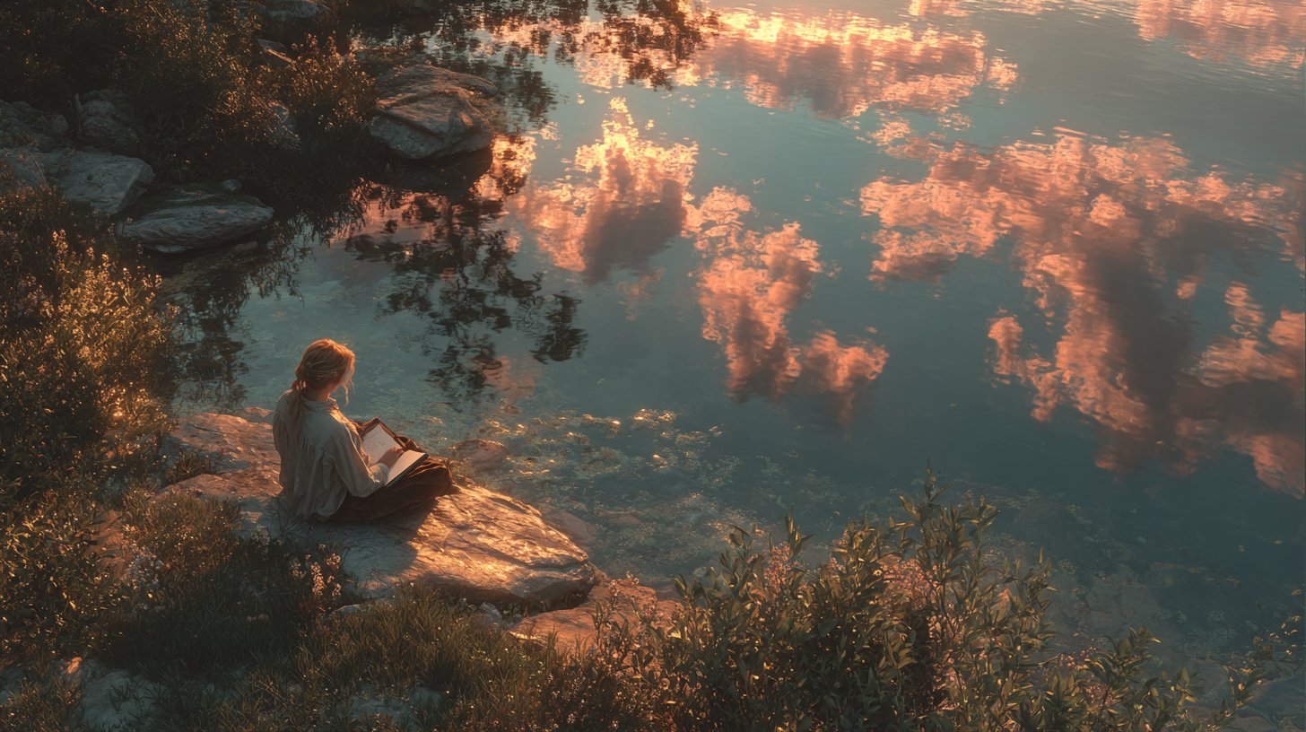 Una persona contemplativa junto a un lago, rodeada de serenas reflexiones del atardecer.