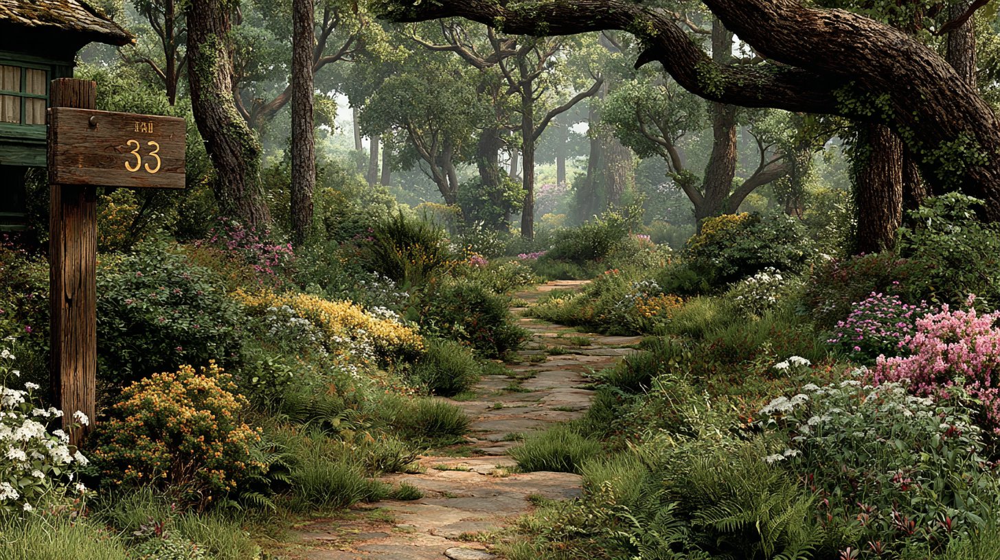 Pfad im Wald mit der Zahl 33 als Wegweiser.