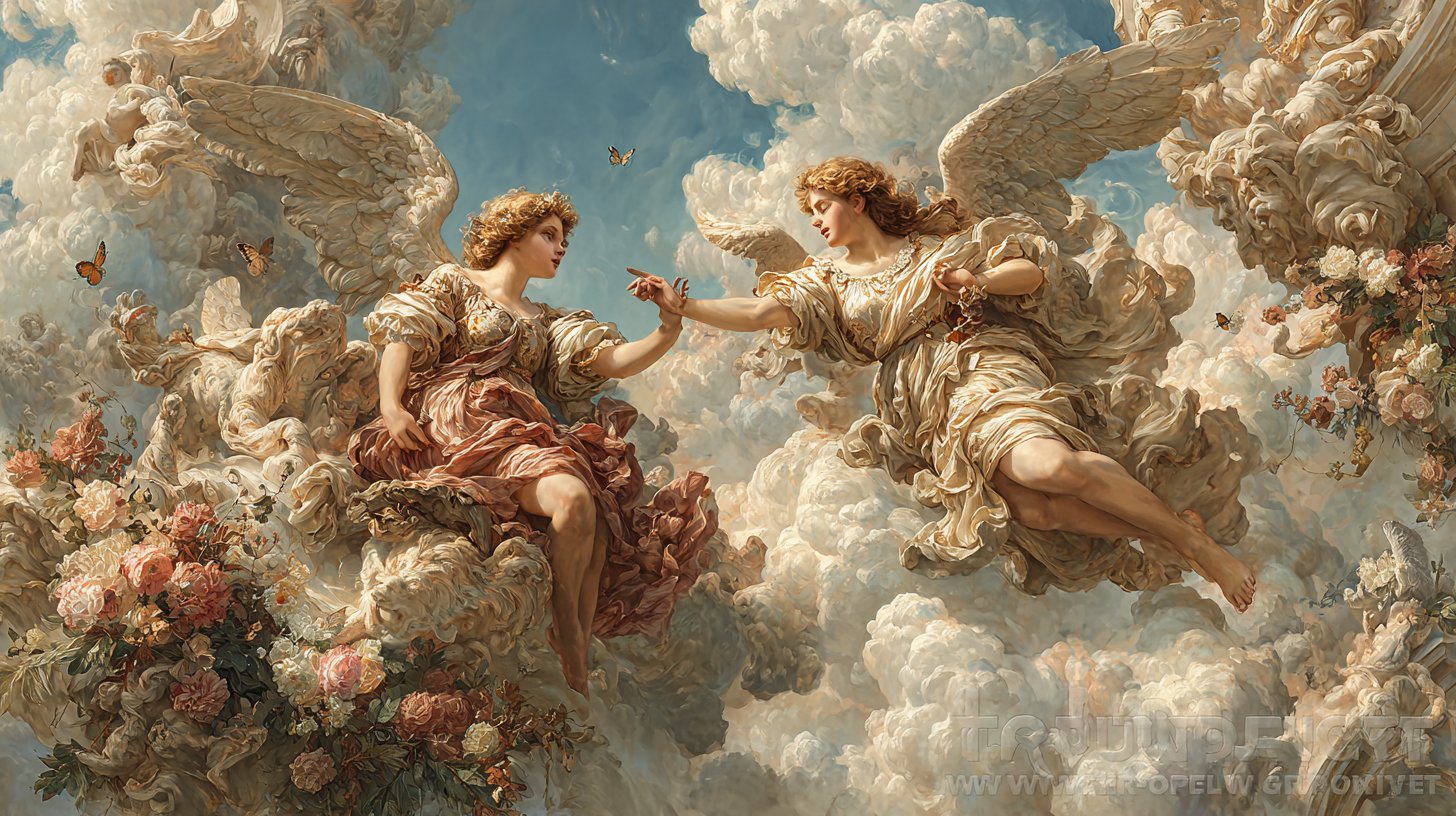 Engel in einem himmlischen Licht, umgeben von Blumen und Schmetterlingen.