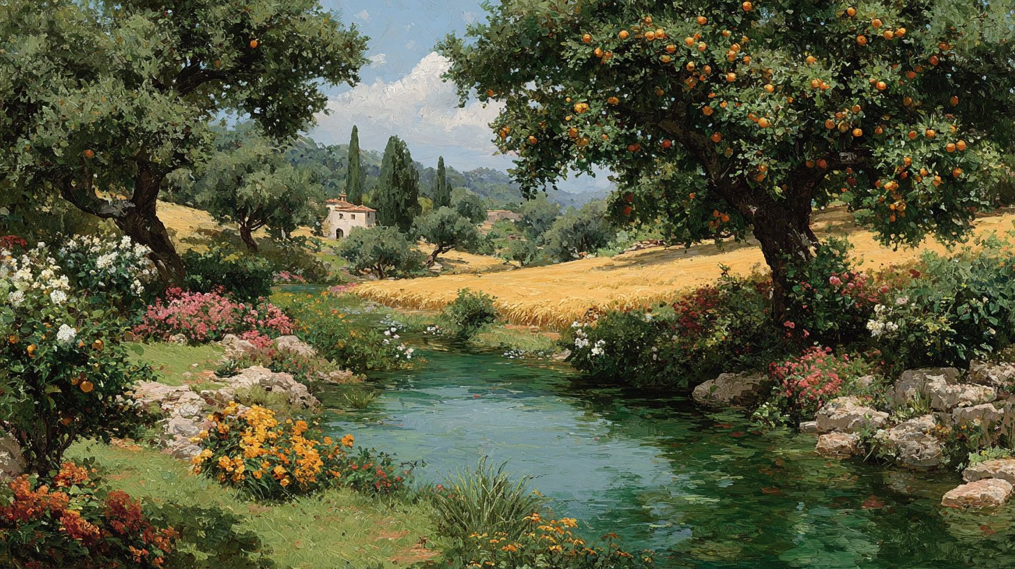 Ein üppiges Landschaftsbild, das Fülle und Wohlstand symbolisiert.