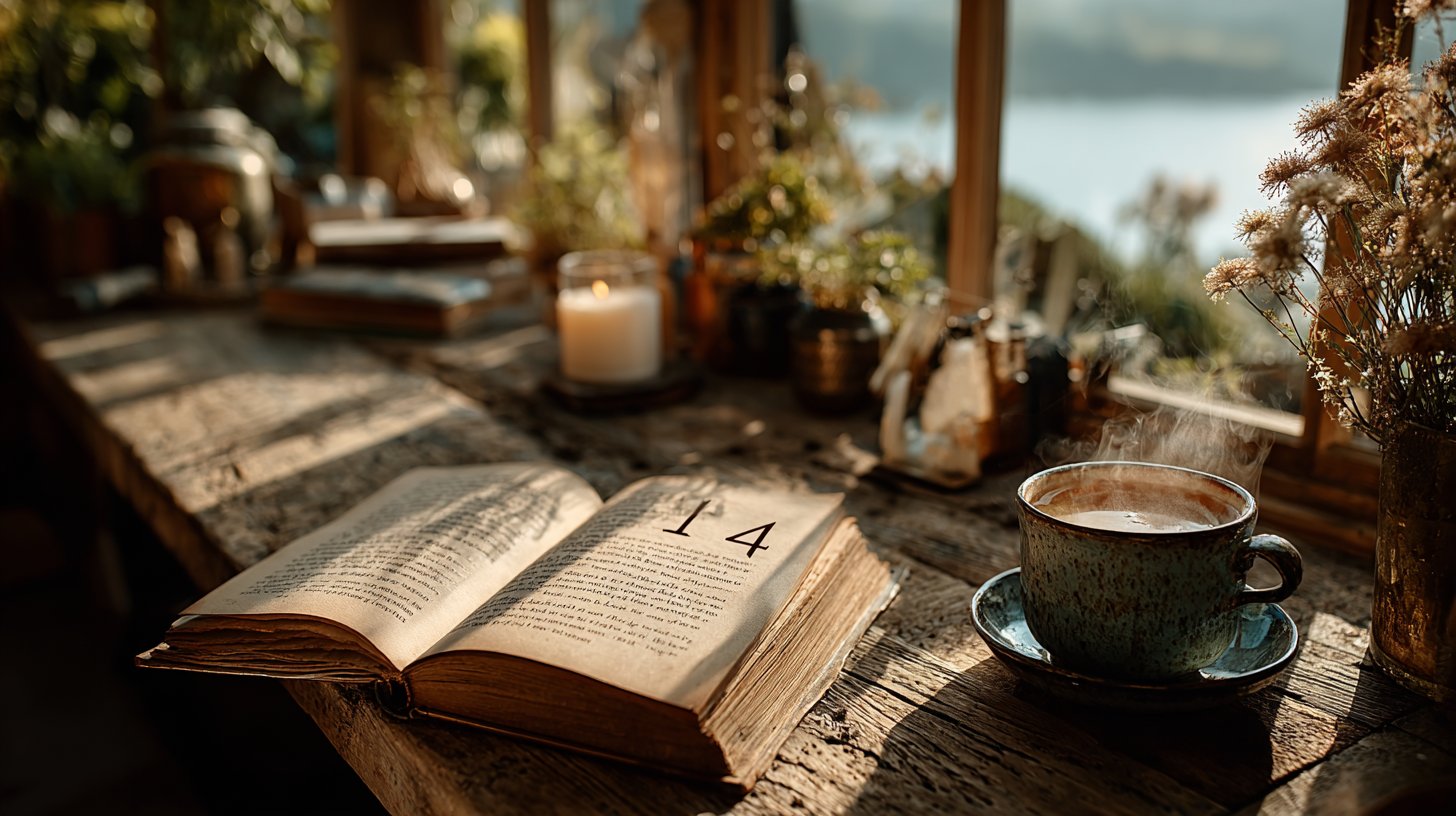 Close-up of an open book elegantly inscribed with the number 44.