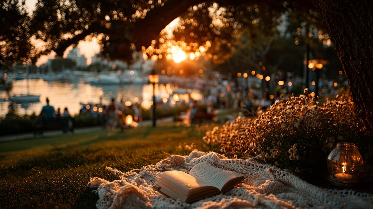 Tranquil park setting at sunset with the number 44 in the pattern.