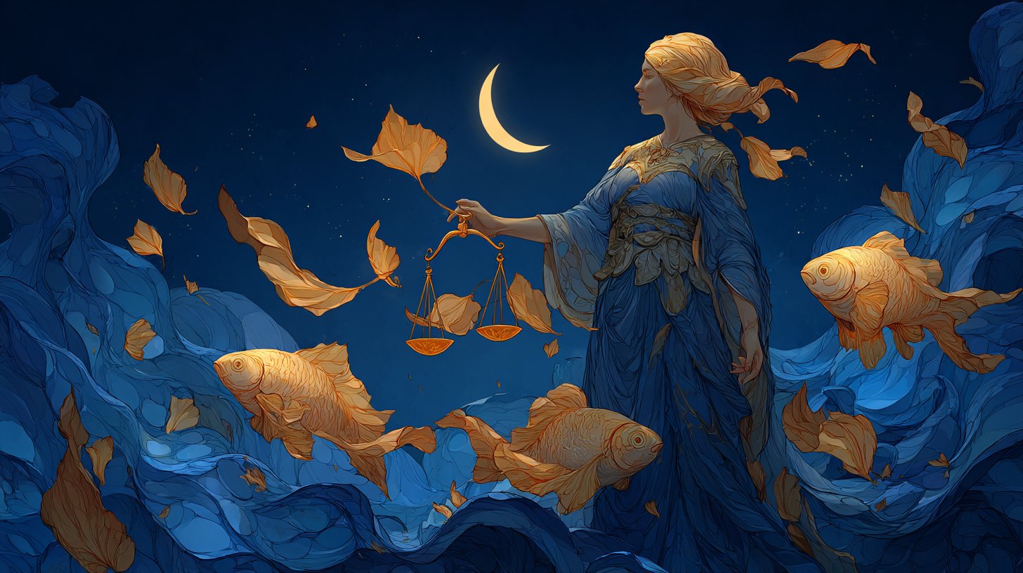Harmonie zwischen Waage und Fische unter dem sanften Licht eines Sternenhimmels.