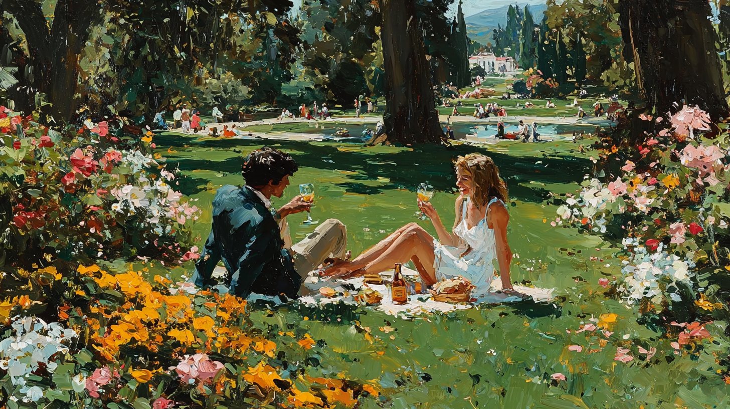 Ein glückliches Paar bei einem Picknick im sonnigen Park.