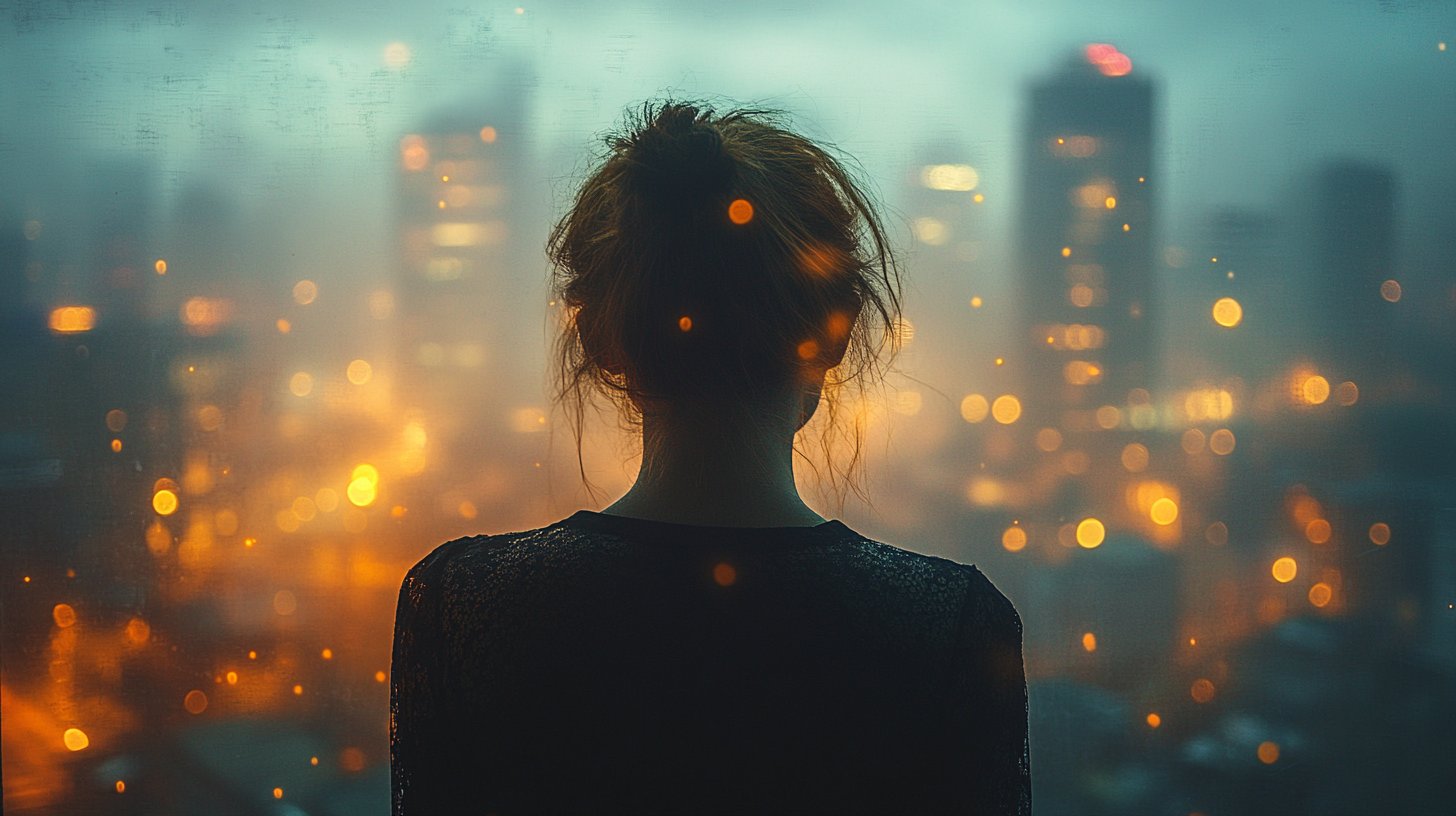 Eine Person schaut nachdenklich auf eine verschwommene Stadtlandschaft.