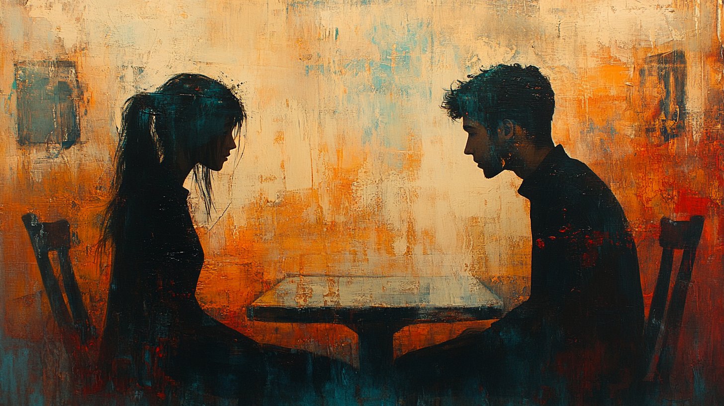 Zwei Figuren sitzen sich gegenüber, ihre Gesichter zeigen Distanz.