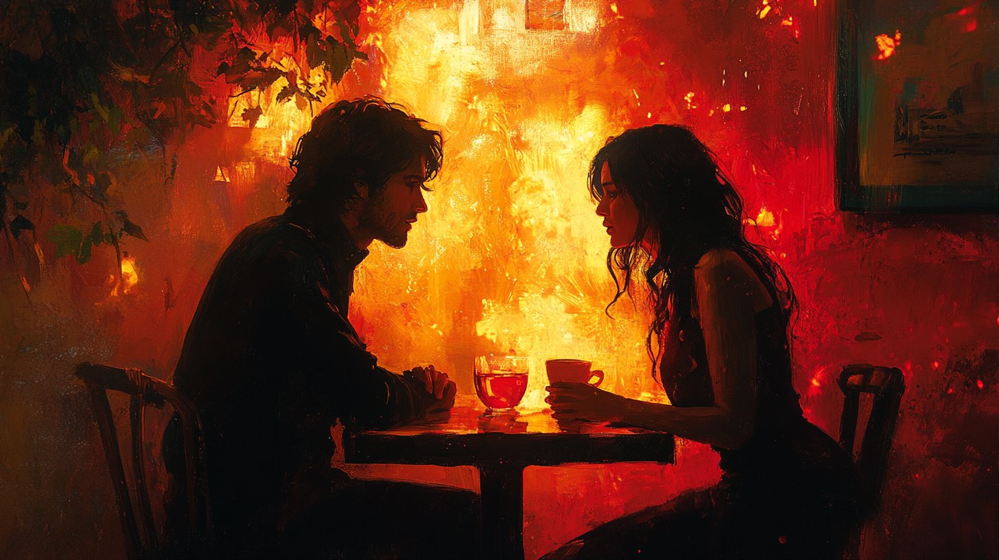 Ein geheimes Treffen in einem abgelegenen Café mit geheimnisvollen Blicken.