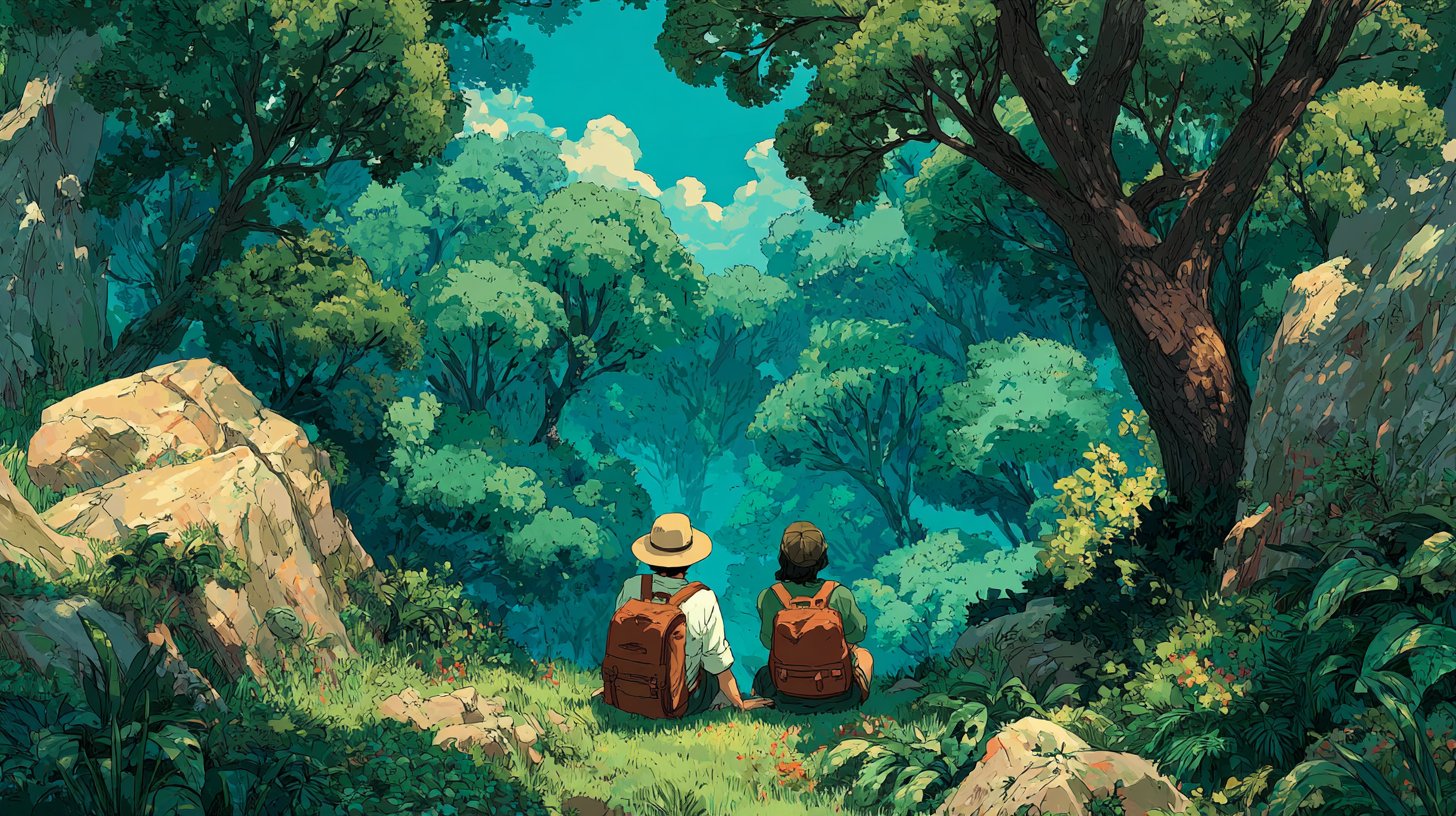 Couples enjoying nature in a green forest while picnicking and hiking.