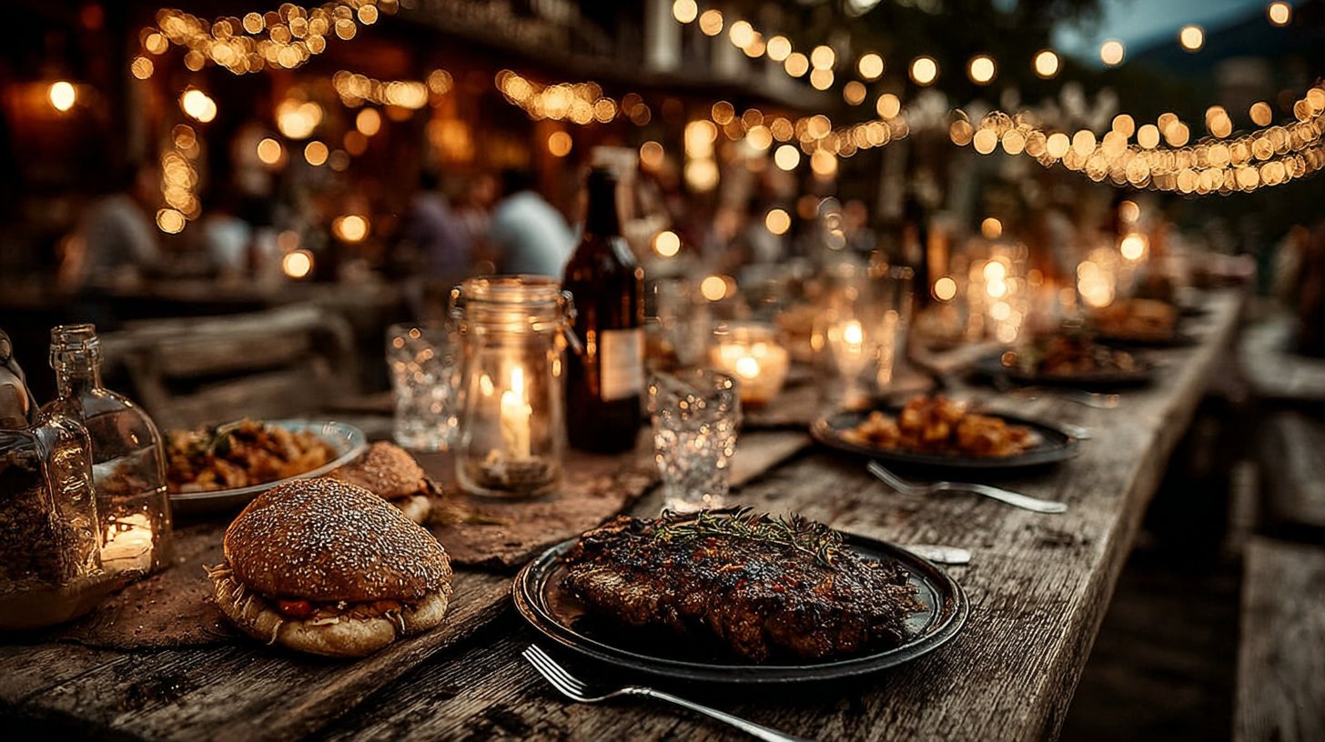 A beautifully set table with delicious dishes and fairy lights.