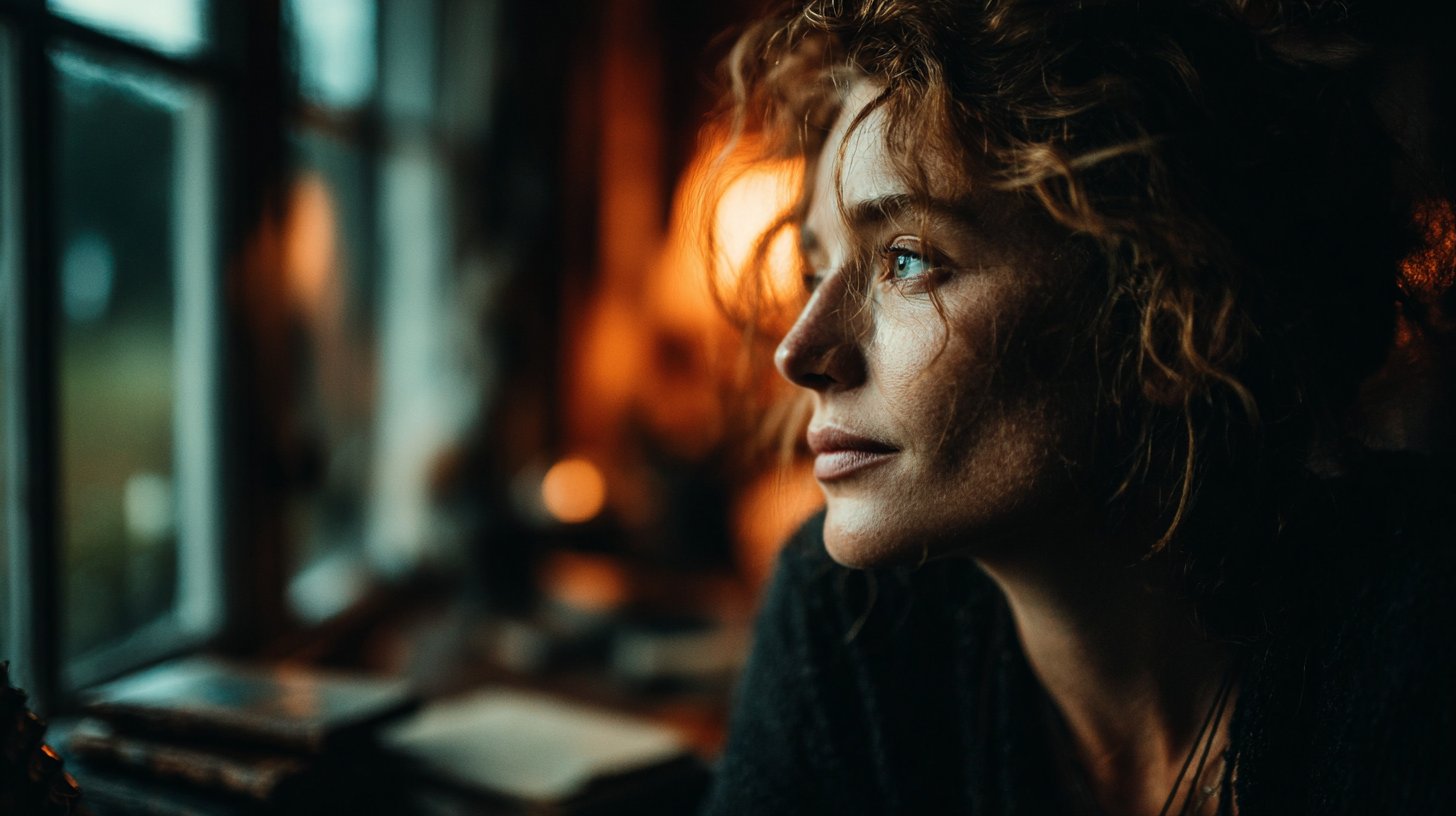 Eine Person sitzt nachdenklich am Fenster und blickt nach draußen.