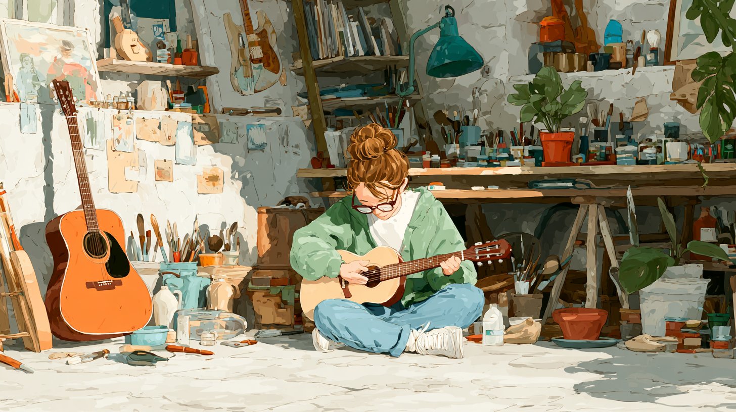 Ein lebendiger Raum mit verschiedenen Hobbys, in dem Kreativität und Freude florieren.