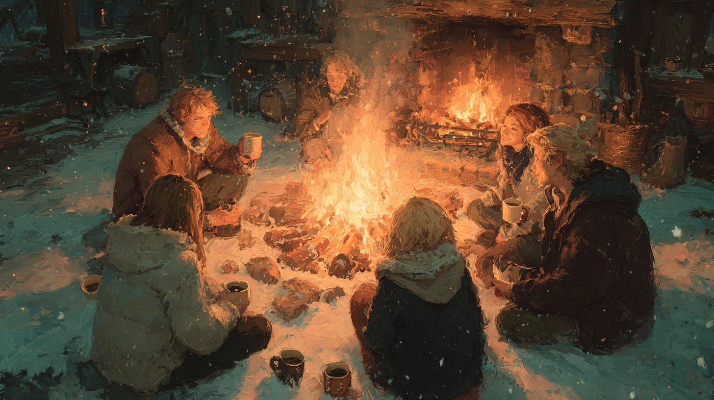 Eine gemütliche Zusammenkunft von Freunden am warmen Feuer, die Lachen und Geschichten teilen.