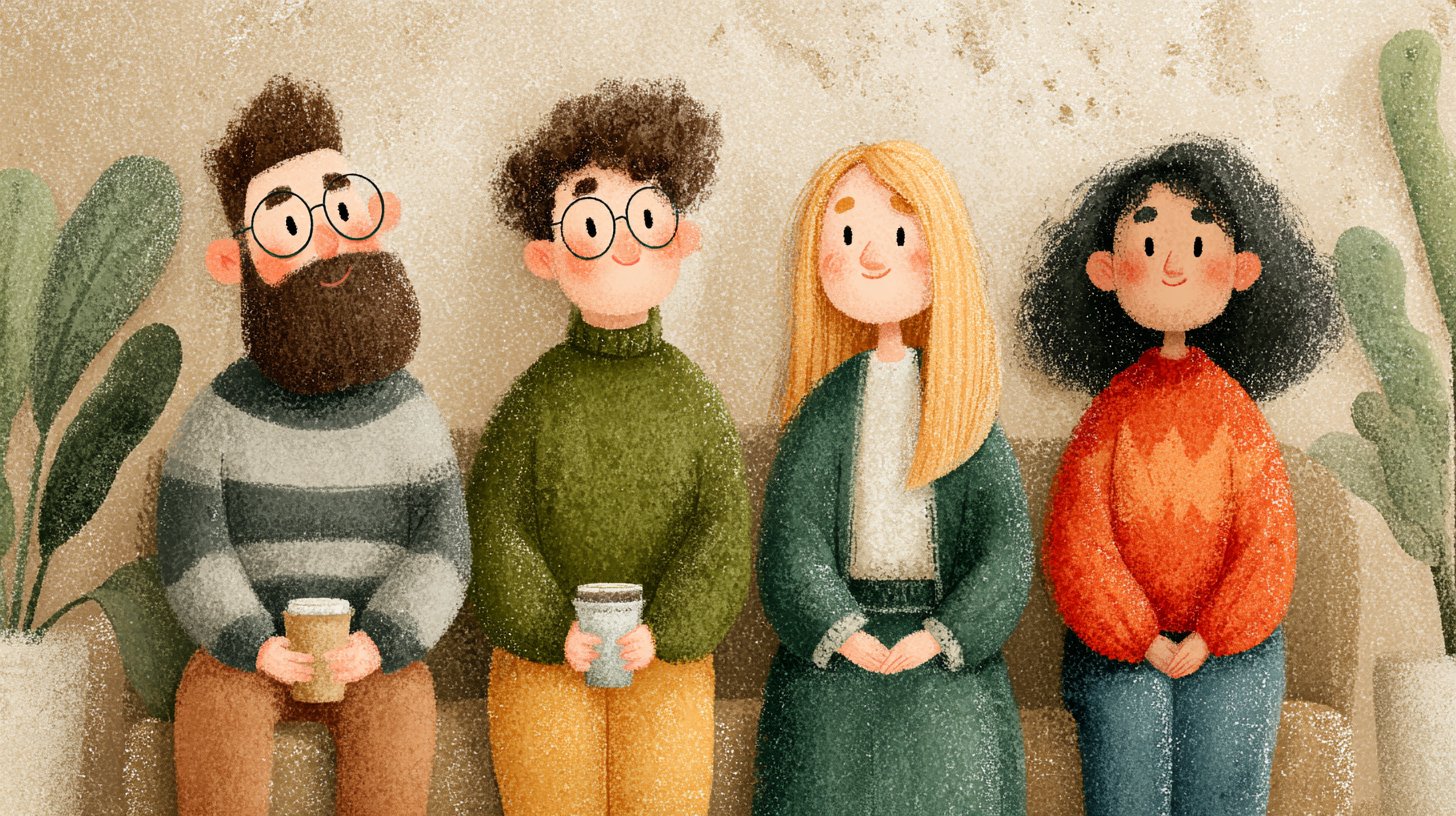 Un gruppo di amici felici condivide risate e storie in un caffè.